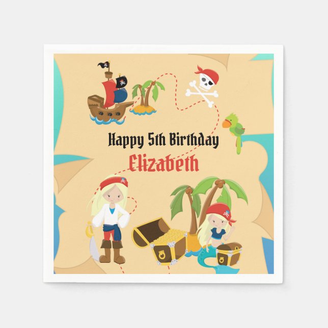 Custom Treasure Map Girl Pirate Birthday Party Napkin (Front)