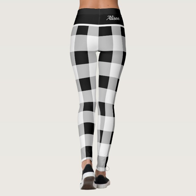 Custom Trendy Black White Grey Chequered Pattern Leggings (Back)