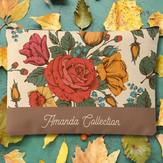 Custom trendy classic botanical pattern Brown Accessory Pouch (Beautiful vintage floral for her with her name. Classic brown floral pouch for grandma.)