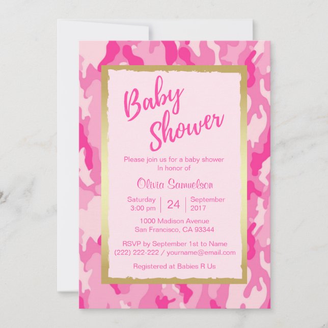 Custom Trendy PINK CAMO Baby Shower Invitations (Front)