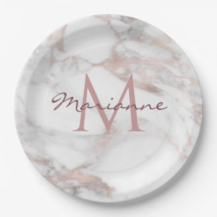 Custom Trendy Rose Gold Marble Monogram Template Paper Plate