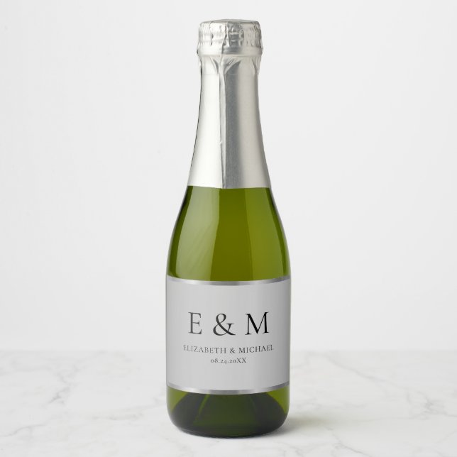 Custom Trendy Save the Date Monogram Silver Sparkling Wine Label (Front)
