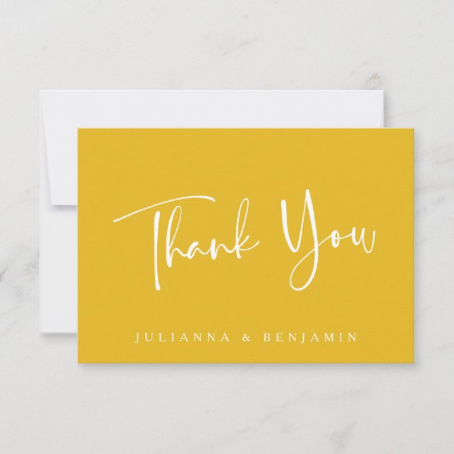 Custom Trendy Script Simple Modern Yellow Wedding Thank You Card (Front)