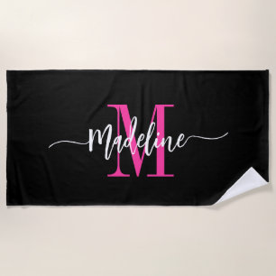 Custom Trendy Stylish Monogram Name Script Pink Beach Towel