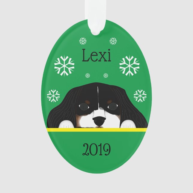 Custom Tri Colour Cavalier King Charles Green Oval Ornament (Front)