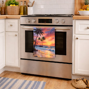 Custom Tropical Beach Sunset   Coastal Art Tea Towel