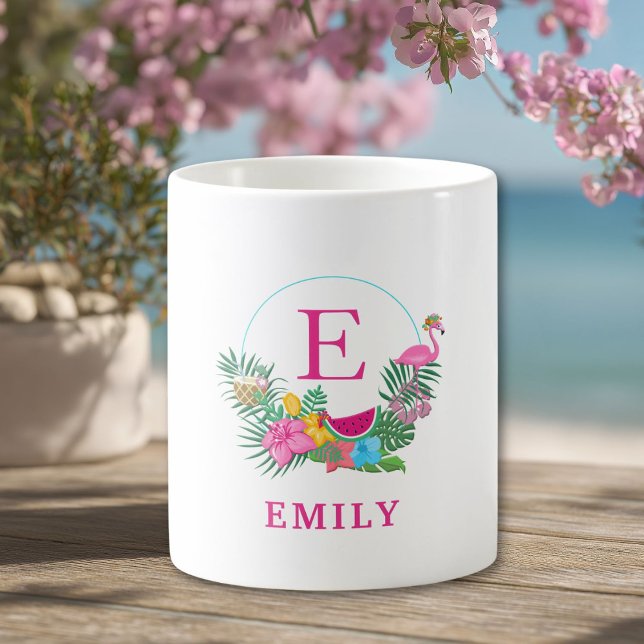 Custom Tropical Flamingo Floral Monogram  Coffee Mug (Custom Tropical Flamingo Floral Monogram Coffee Mug with your Initial and Name.)
