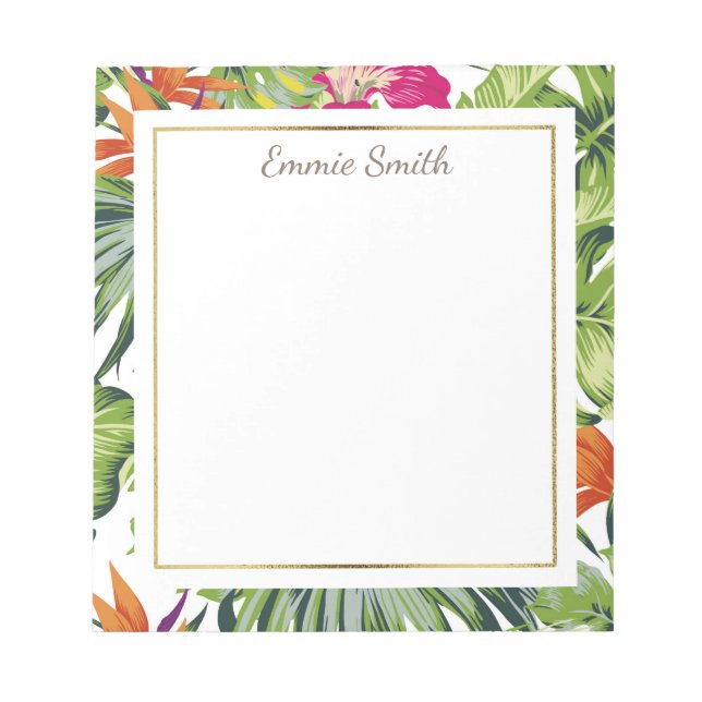 Custom Tropical Green Leaves Orange Pink Flowers Notepad (Front)