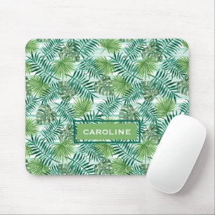 Custom Tropical Green Leaves Watercolor Pattern Mouse Mat