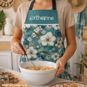 Custom Tropical Hibiscus Floral Teal Apron
