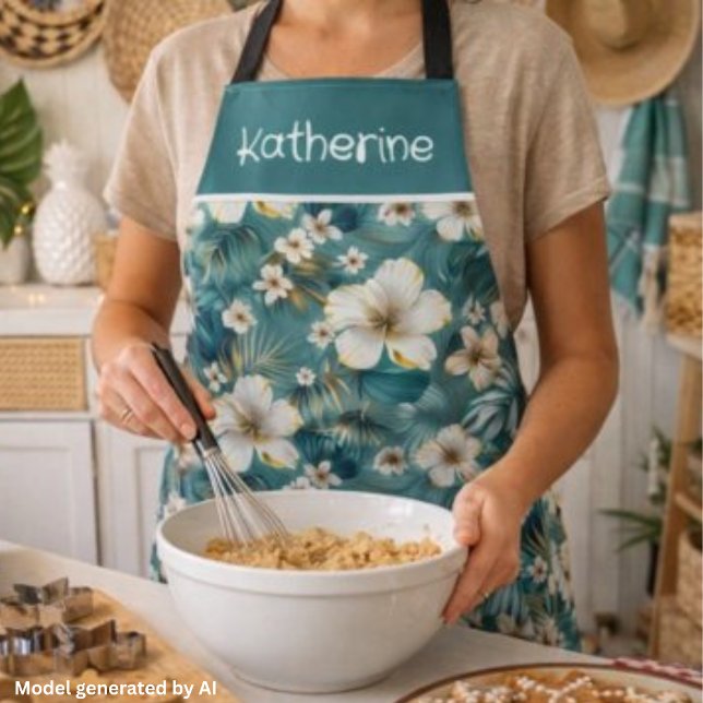 Custom Tropical Hibiscus Floral Teal Apron (Creator Uploaded)
