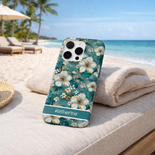 Custom Tropical Hibiscus Floral Teal iPhone 16 Pro Case