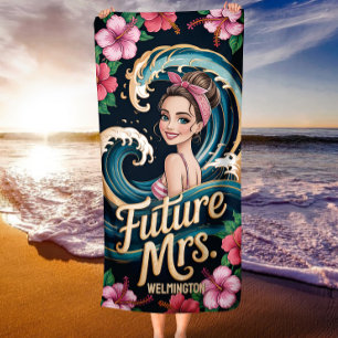 Custom Tropical Hibiscus Ocean Wave Future Mrs Beach Towel