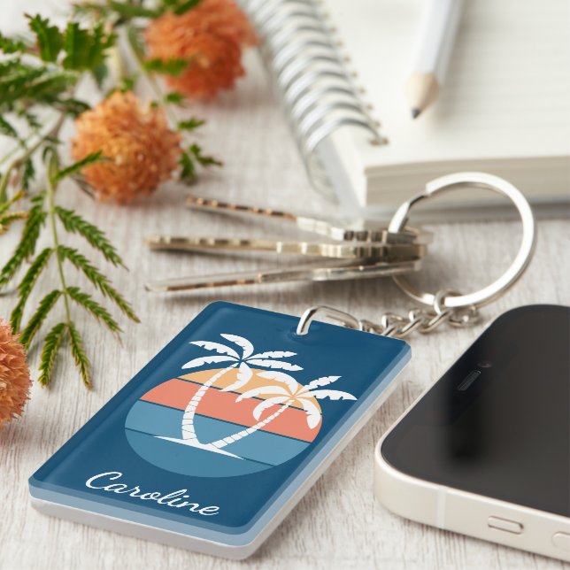 Custom Tropical Island Beach Ocean Sunset Art Key Ring (Front Right)