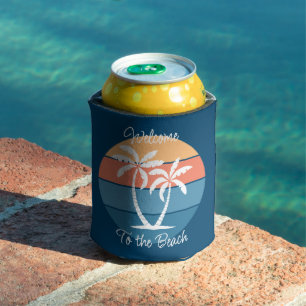 Custom Tropical Island Beach Seashore Ocean Sunset Can Cooler