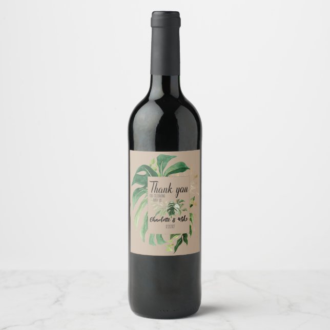  Custom Tropical Leaf Wedding Thank you Favours Wine Label (Front)
