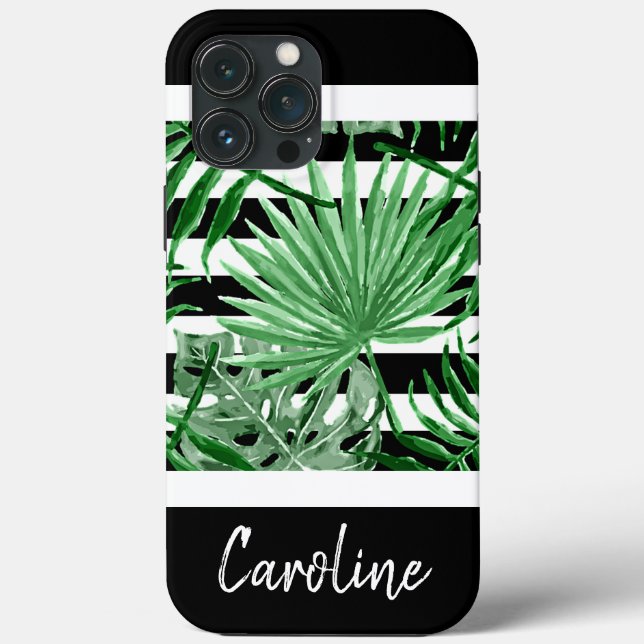 Custom Tropical Palm Leafs Black White Stripes Case-Mate iPhone Case (Back)