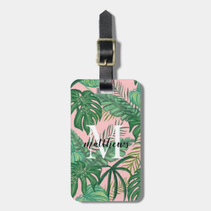 Custom Tropical Palm Leaves Pink Monogram Name Luggage Tag