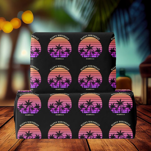 Custom Tropical Palm Tree Chic Pink Black Birthday Wrapping Paper (Creator Uploaded)