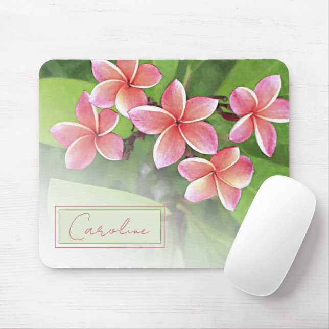 Custom Tropical Plumeria Flowers Watercolor Art Mouse Mat (With Mouse)