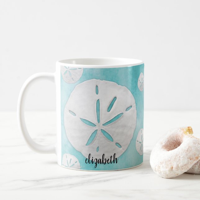 Custom Tropical Sand Dollar Turquoise Watercolor Coffee Mug (With Donut)