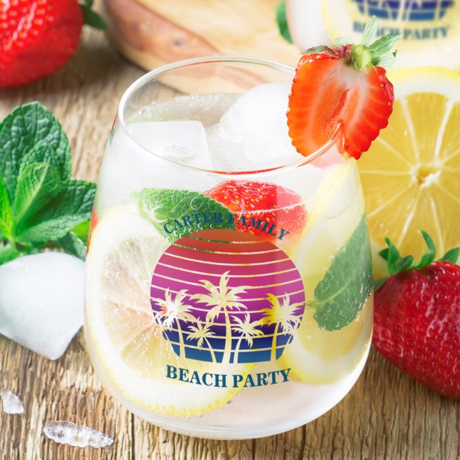 Custom Tropical Sunset Palm Tree Beach House Stemless Wine Glass (Creator Uploaded)