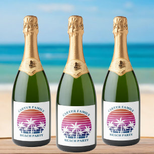Custom Tropical Sunset Pink Palm Tree Beach Party Sparkling Wine Label