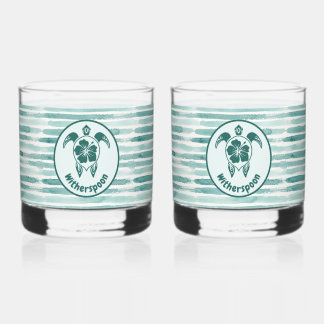 Custom Tropical Turtle and Hibiscus Floral Striped Whiskey Glass