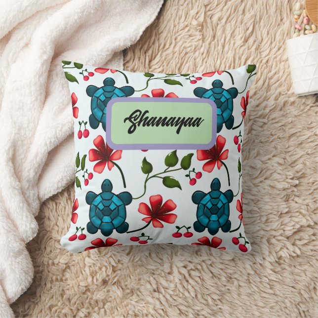 Custom Tropical Turtle Cherry Floral Pattern  Cushion (Blanket)
