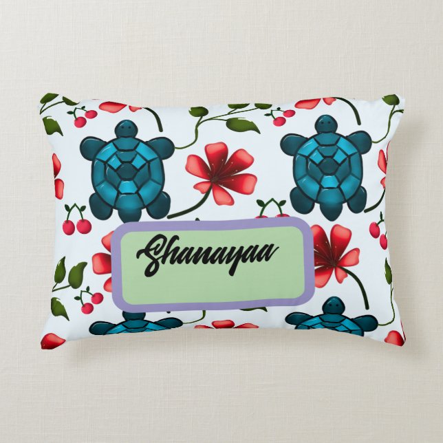 Custom Tropical Turtle Cherry Floral Pattern  Decorative Cushion (Front)