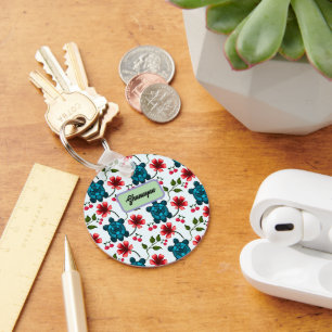Custom Tropical Turtle Cherry Floral Pattern Key Ring