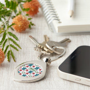 Custom Tropical Turtle Cherry Floral Pattern Key Ring