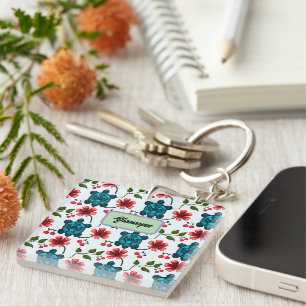 Custom Tropical Turtle Cherry Floral Pattern Key Ring