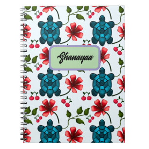 Custom Tropical Turtle Cherry Floral Pattern Notebook