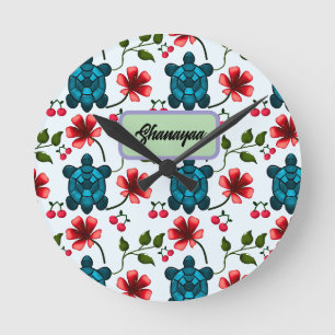 Custom Tropical Turtle Cherry Floral Pattern Round Clock