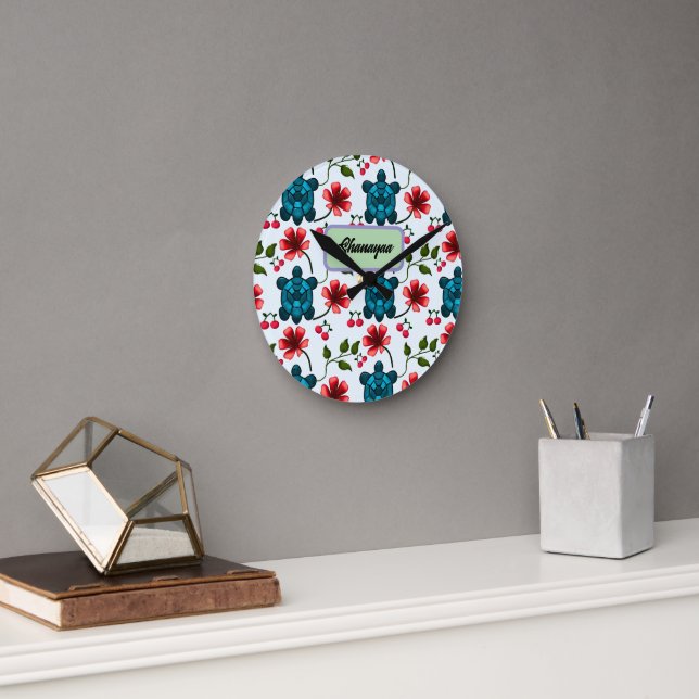 Custom Tropical Turtle Cherry Floral Pattern  Round Clock (Office)