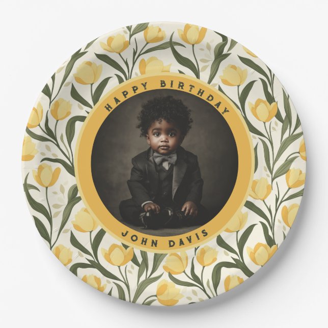Custom Tulip Flower Boho Birthday Paper Plate (Front)