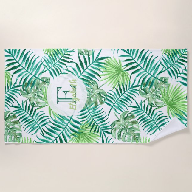 Custom, turquoise and green tropical palm leaves: beach towel (Front)