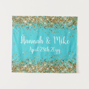 Custom Turquoise Blue and Gold Wedding Photo Booth Tapestry