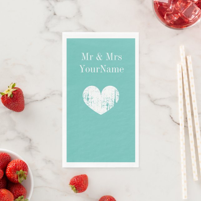 Custom turquoise blue heart wedding napkin (Insitu)