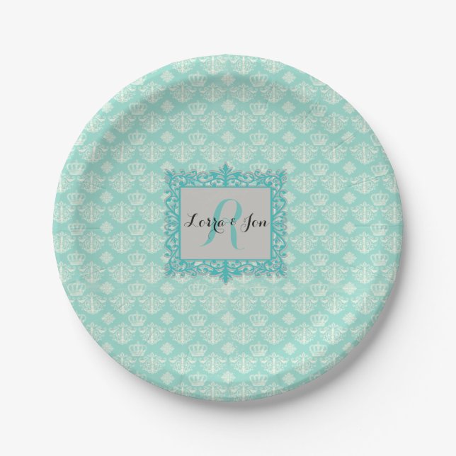 Custom Turquoise Damask Paper Plate (Front)