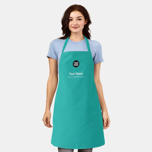 Custom Turquoise Employee Name Logo Company Apron (Worn)