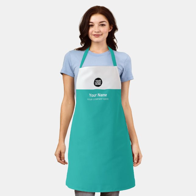Custom Turquoise Employee Name Logo Company Apron (Worn)