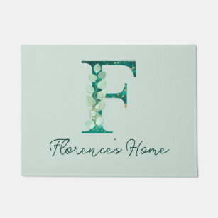 Custom Turquoise Eucalyptus Letter F Monogram Doormat