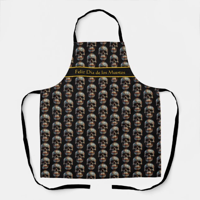Custom Turquoise Gold Día de los Muertos Skull Apron (Front)