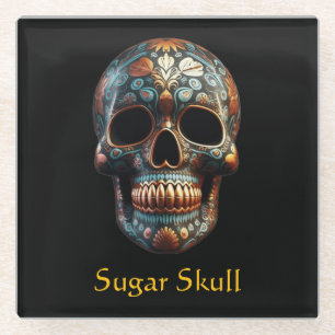 Custom Turquoise Gold Día de los Muertos Skull Glass Coaster