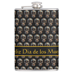 Custom Turquoise Gold Día de los Muertos Skull Hip Flask