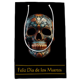 Custom Turquoise Gold Día de los Muertos Skull Medium Gift Bag