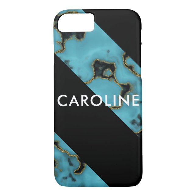 Custom Turquoise Stone Gold Black Diagonal Stripes Case-Mate iPhone Case (Back)