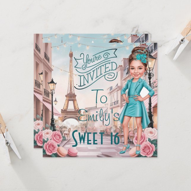 Custom Turquoise Sweet 16 in Paris Invitation (Front/Back In Situ)